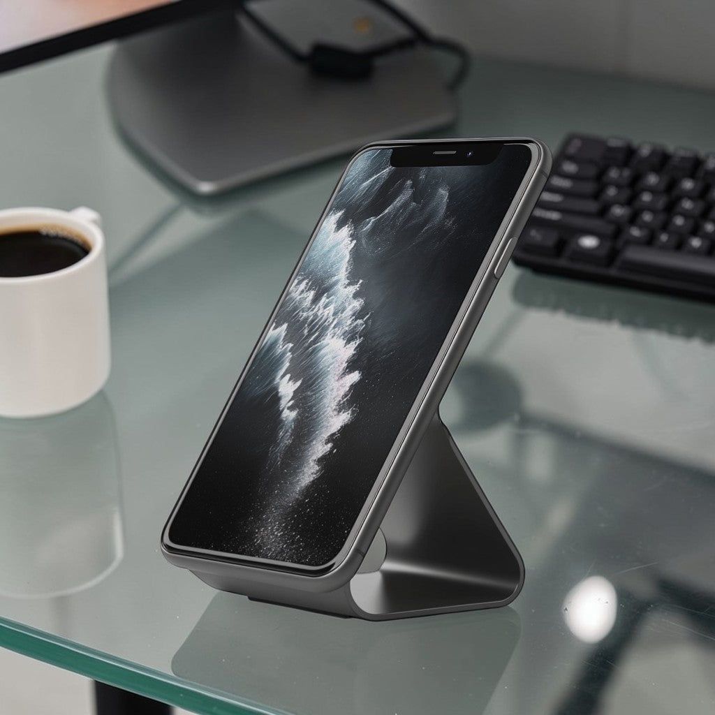 Docki Phone Stand - High-Density Carbon Steel - Professional Grade Foldable Desktop Holder - Adjustable Dual-Axis Support - Matte Charcoal Grey